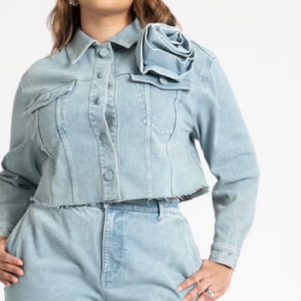 Eloquii Women's Denim Crop Jacket with Floral Accent Brooch
